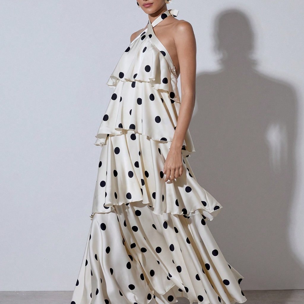 Multicolor Elegant Women's Polka Dot Tiered Maxi Dress With Ruffle Hem